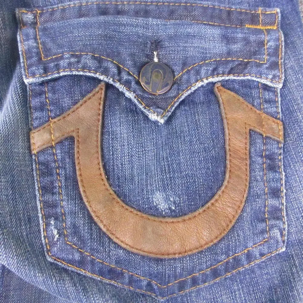 Vintage True Religion Jeans Mens 34x30 Blue Leather Horseshoe Distressed USA